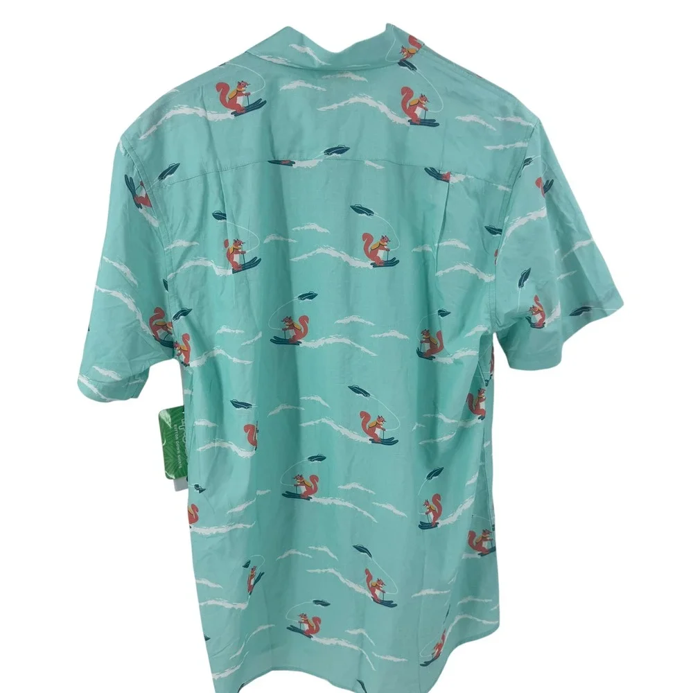 Tipsy Elves Mens Squirrel On Water Skis Hawaiian‎ Shirt Turquoise Blue Sz L NWT
